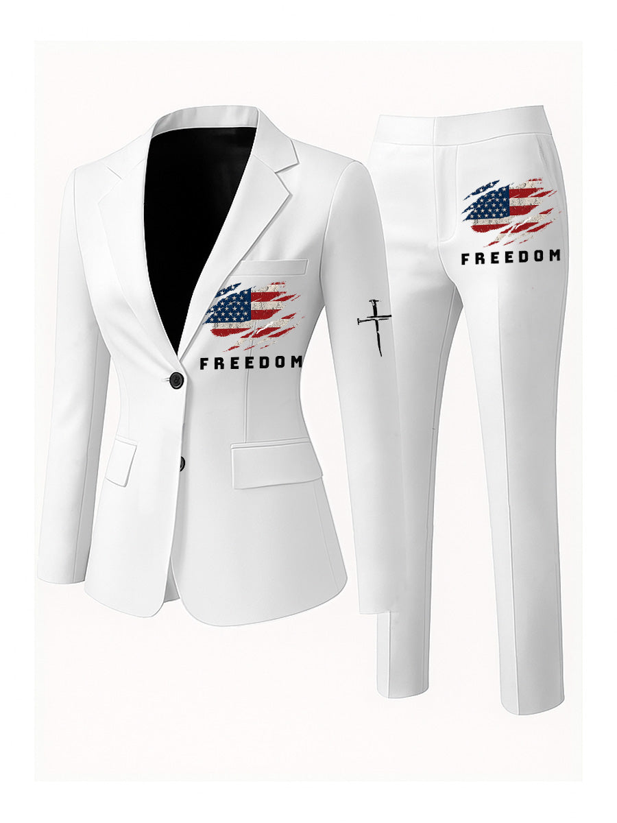 Women's Freedom American Flag Print Casual Blazer Trousers Two-Piece Suits